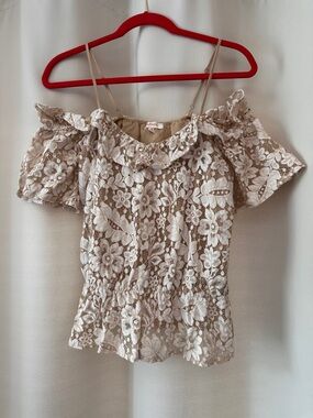 Lace Off-Shoulder Peplum Crop Top - Beige